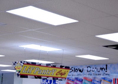 Photo of ceiling lighting in a convenience store