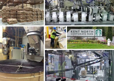 A photo collage of a Starbucks coffee factory